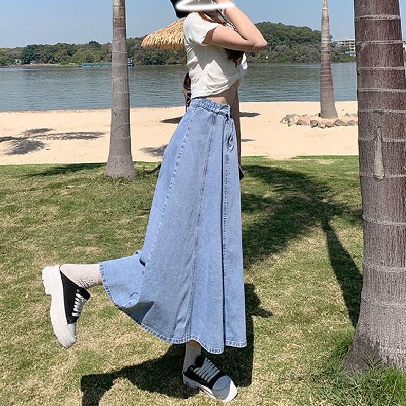 Skirts Women's Long Skirt Spring Summer Mid-length Denim Skirt Pleated Elastic High Waist Thin A-line Skirt