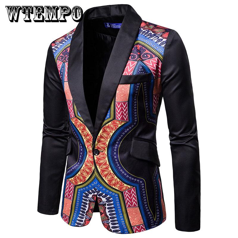 Men's Casual Business Slim Blazer Male National Wind Print Blazer Suit Jacket for Party