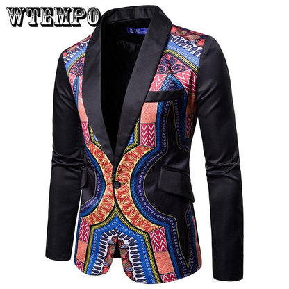 Men's Casual Business Slim Blazer Male National Wind Print Blazer Suit Jacket for Party