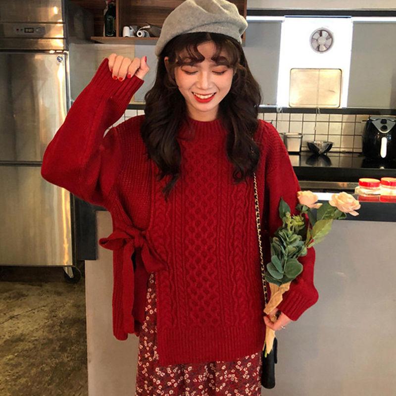 All-match Loose Autumn  Winter Twist Sweater Knit Sweater Casual Female Students Long-sleeved Design Sense Split