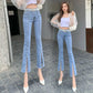 Women's Spring Flared Denim Cropped High Waist Elastic Stitching Slit Beaded Boot Cut Pant Ladies Slim Pants