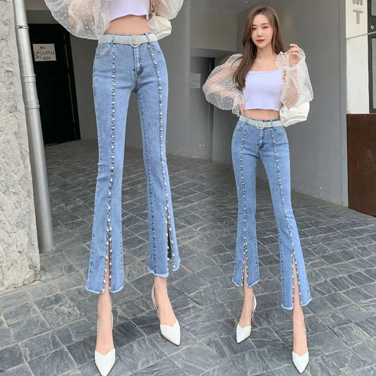 Women's Spring Flared Denim Cropped High Waist Elastic Stitching Slit Beaded Boot Cut Pant Ladies Slim Pants