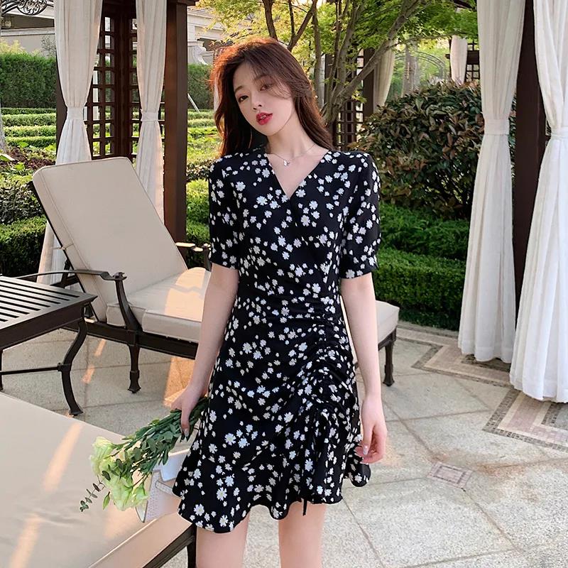 Women's Summer Dress V-neck Slim Floral A-line Skirt