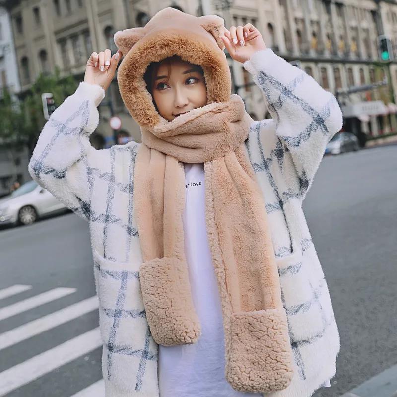 Women's Hat Scarf Set Winter Cute Bow Windproof Hat Cold Proof Warm All-match Plush Padded Collar Ear Protection Solid Bib Cap Set