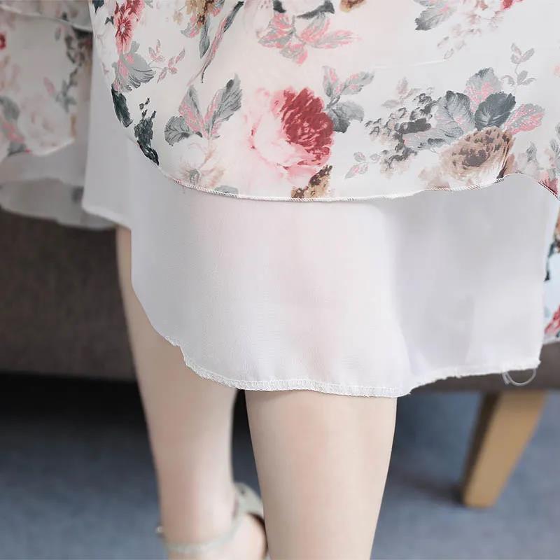 Short-sleeved Chiffon Dress Women's Summer Large Size Waist Was Thin and Long Round Neck Floral Skirt Fashionable Temperament