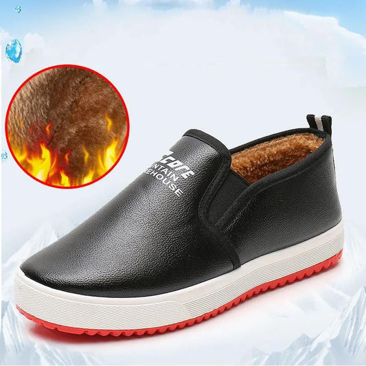 Winter PU Leather and Velvet Warm Casual Shoes Flat-bottomed Low-cut Non-slip Soft-soled Waterproof Shoes Women's Cotton Shoes Comfortable Pedal