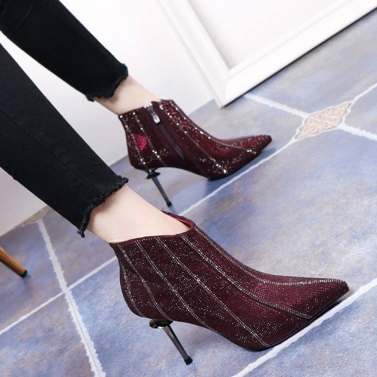 Booties Female Pointed Bare Boots Rhinestone Color Matching High Heel Martin Boots Banquet Shoes