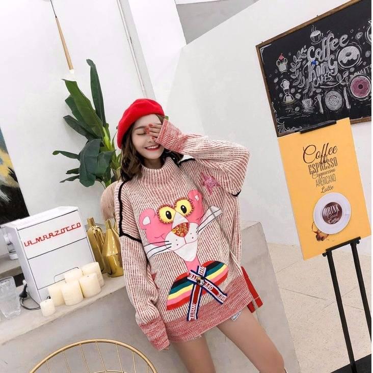 Beads Knitwear Turtleneck Loose Pink Panther Knitting Pullover Chic Women Jumper Sweater