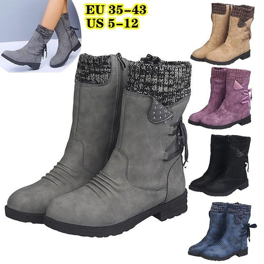 Women's Winter Warm Calf Boots Casual Snow Boots Leather and Sweater Bandage Boots Cowgirl Boots