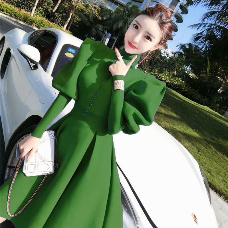 Dress Female Temperament Ladies High Neck Puff Sleeves Waist Was Thin French Niche A-line Skirt