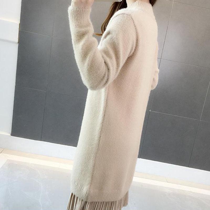 Long Faux Mink Fleece Sweater Winter Bottoming Sweater Thick Warm Knitted Lace Stitching Mohair Sweater Dress