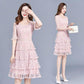 Pofulove M-4XL Women Summer Chiffon A-line Dress Lace Mid-length O-neck Cake Dress Evening Dress