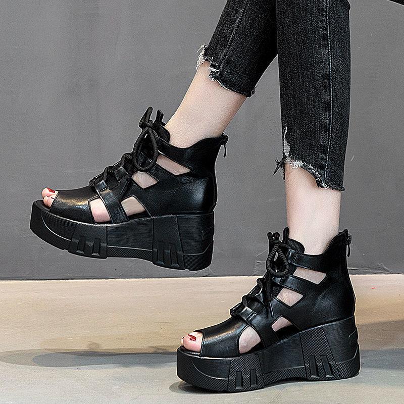 Summer Hollow Sandals  Slope-heel Platform Sandals  Fish Mouth Lace-up High-heeled Soft Leather Ethnic Roman Women’s Shoes