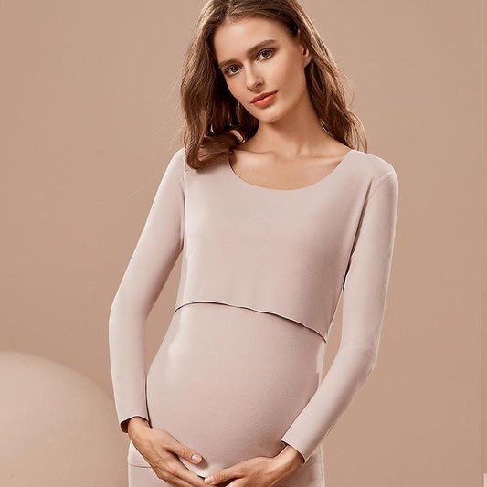 Pregnant Women's Seamless Thermal Underwear Set, Breastfeeding Autumn and Winter Plus Cashmere Pregnancy and Postpartum Nursing Pajamas