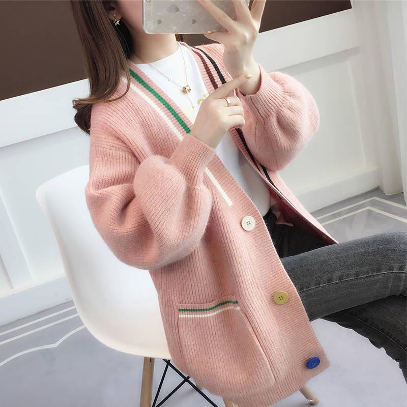 Autumn and Winter Cardigan Sweater Women's Knitted Jacket Lantern Sleeves Loose Sweater
