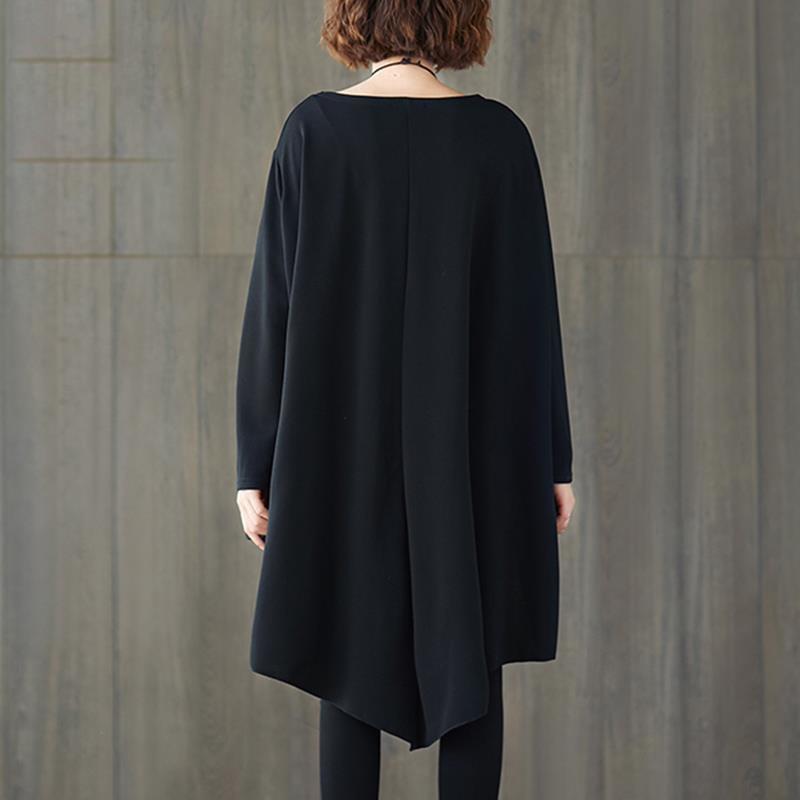 Large Size Women's Dress Loose Cover Belly Black Skirt Round Neck Pocket Jacket