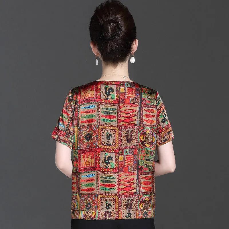 Summer New Middle-aged Mothers Wear Short-sleeved Ice Silk T-shirt Female Printing Ethnic Style Large Size Bottoming Shirt Top