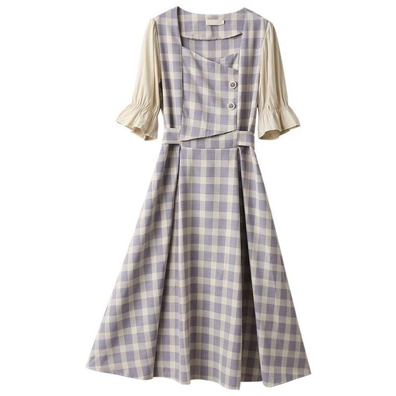 Spring and Summer Plaid Square-neck Dress Slim Lady French Niche Retro Puff Sleeve  Dress