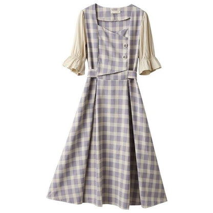 Spring and Summer Plaid Square-neck Dress Slim Lady French Niche Retro Puff Sleeve  Dress
