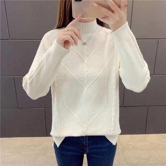 Women White Short Half-high Collar Pullover Sweater Office Loose Thick Solid Sweatshirts