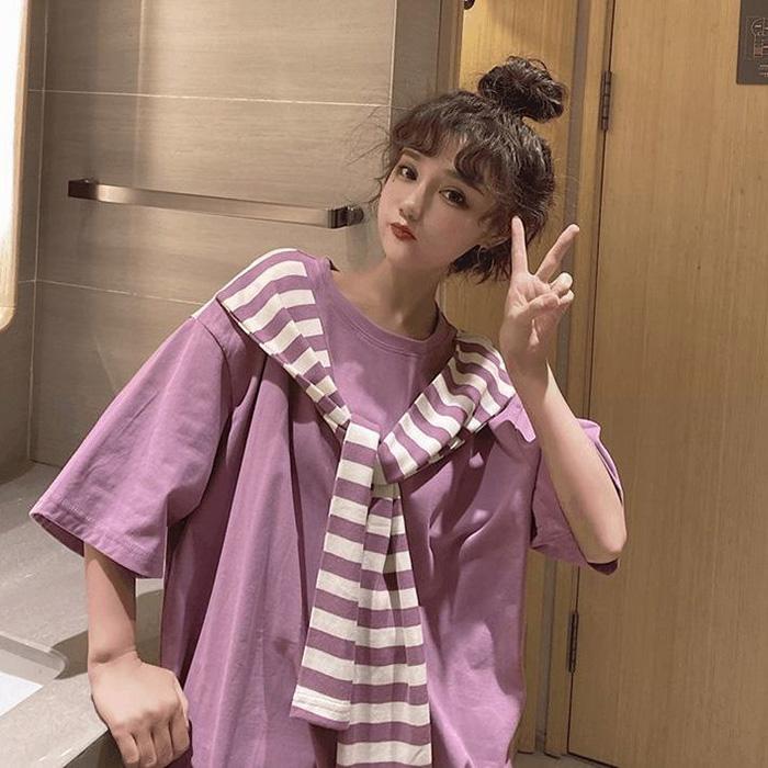 Navy Style Women Dress Girl Loose O-Neck Short Sleeve Casual Long T-shirt Dress Big Loose Comfort