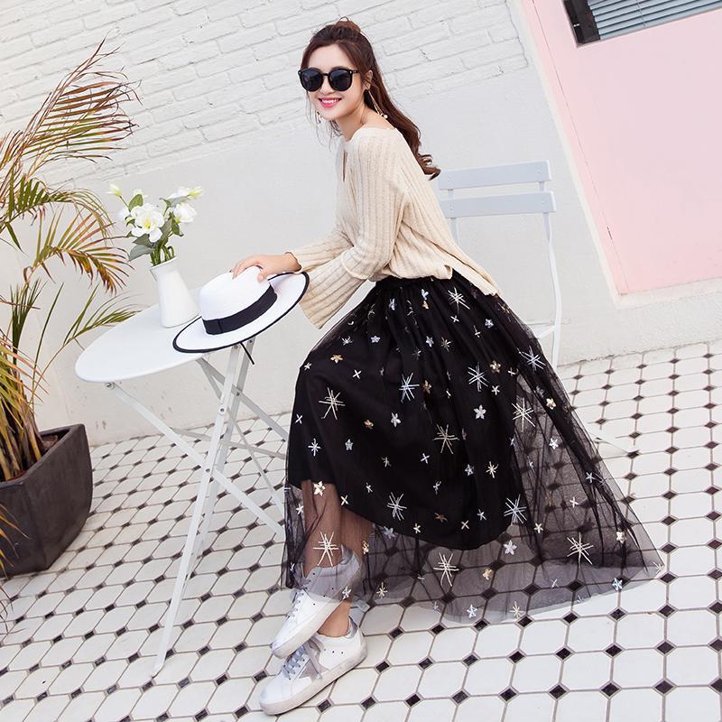 Spring Summer Vintage Skirt Womens Elastic High Waist Tulle Skirts Long Pleated Mesh Skirt