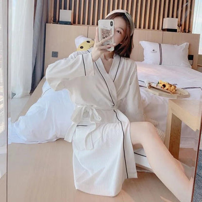 Women's Solid Sexy Long-sleeved Bathrobes Mid-length Spring Autumn Pajamas Dresses Casual Nightgown Pocket V-neck Loose Home Wear
