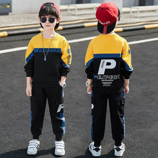 Boys' Long-sleeved Korean Style Suit Pullover Round Neck Sweater Sports Trousers Spring and Autumn Comfortable and Casual Two-piece Suit