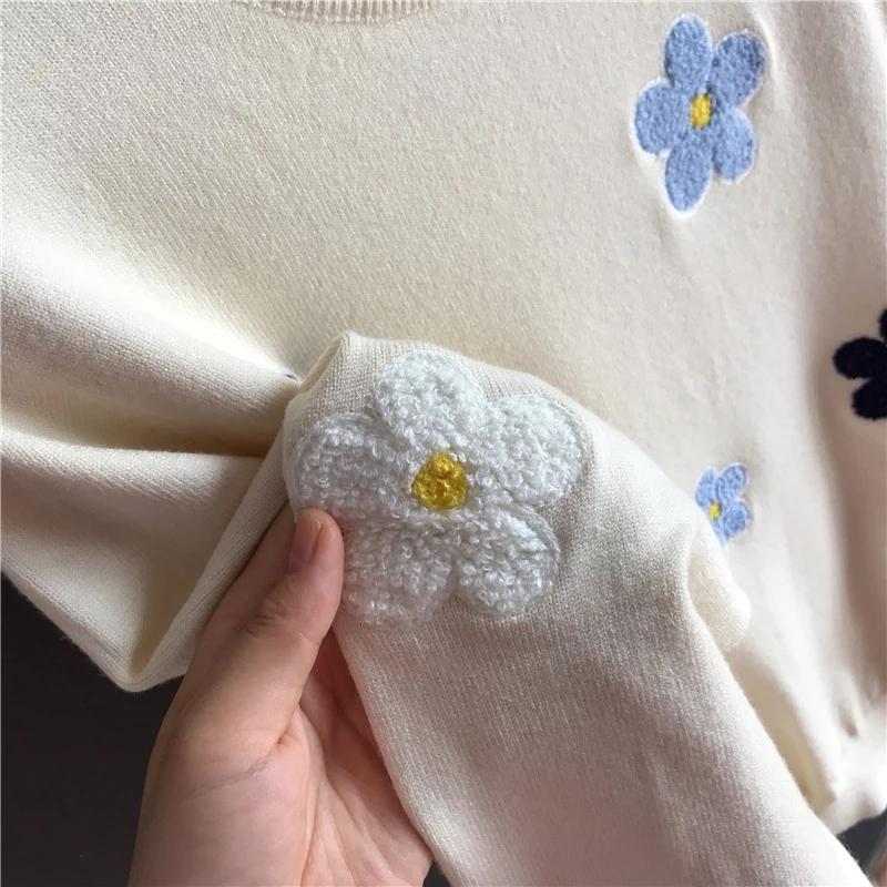 Korean Floral Emobroidery Pullover Sweater High Quality Women Elegant O Neck Knitted Tops