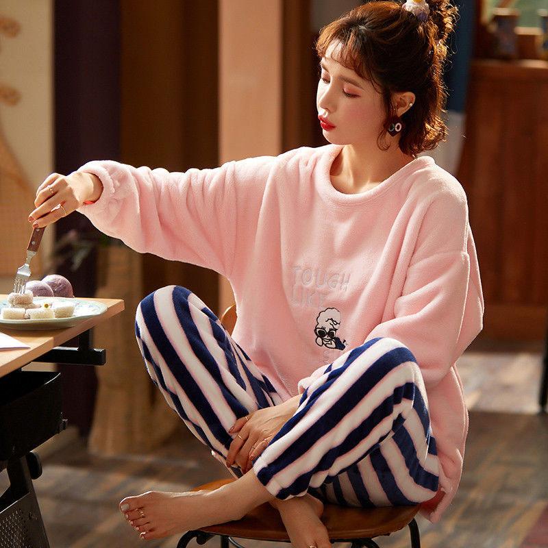 Spring and Autumn Flannel Loose Women's Pajamas Autumn and Winter Thickening and Velvet Warm Coral Fleece Home Service Suit
