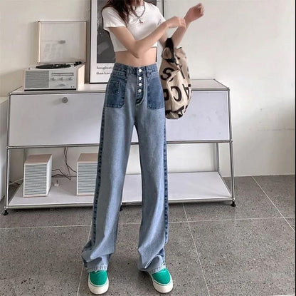 High Waist Display Thin Denim Wide Legs Pants Female Spring and Autumn Noodles Design Hard-to-earth Pants Stitching