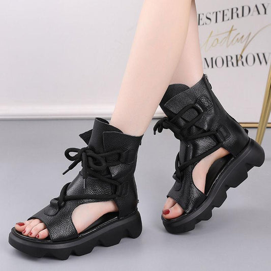 Soft Leather Women's Sandals Spring and Summer Platform Women's Shoes Fish Mouth Flat Roman High-top Sandals