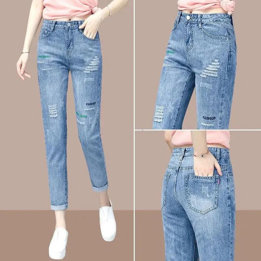 Women's Ripped Jeans Spring Thin Cropped Trousers Loose Summer High Waist Harem Pants Women