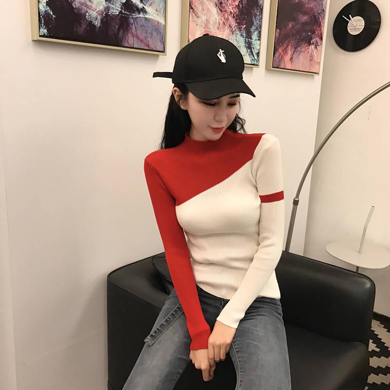 Color Matching Knitted Bottoming Shirt Slim Long-sleeved Sweater Women's Tight Tops