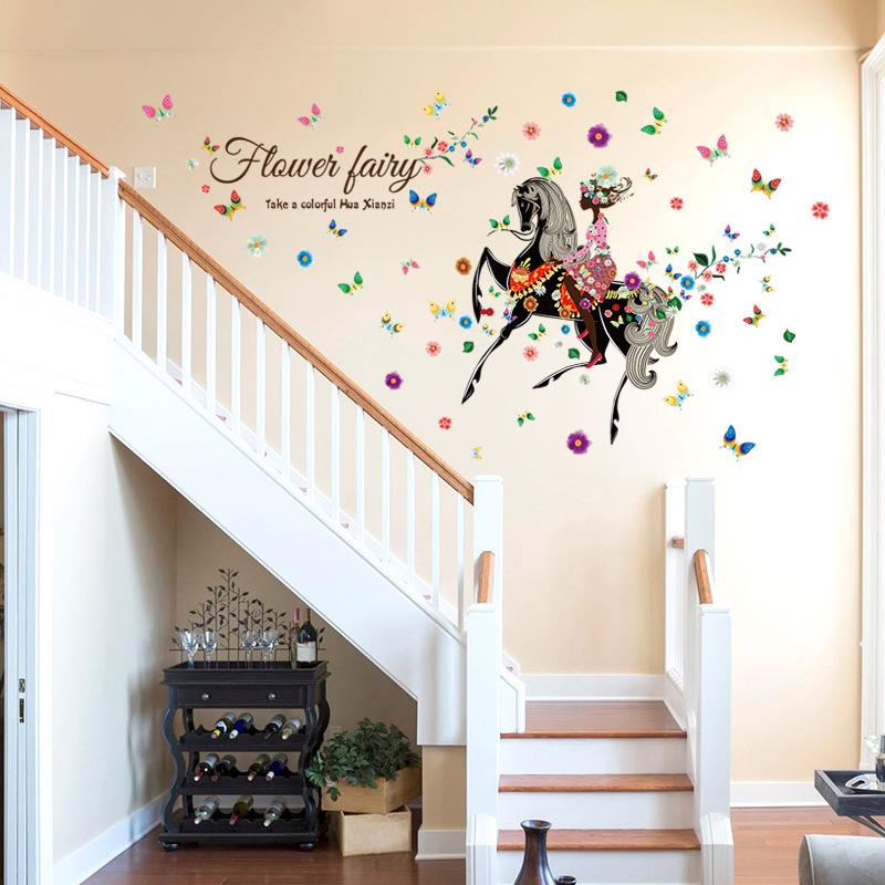 Removable horse fairy flower bedroom living room wall sticker colorful wallpaper