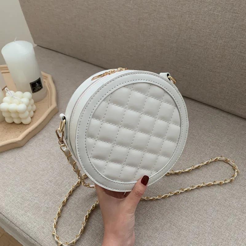 Diamond Lattice Round Bag Metal Chain Pu Leather Messenger Bag Women Outing Trip Large Capacity Crossbody Bags