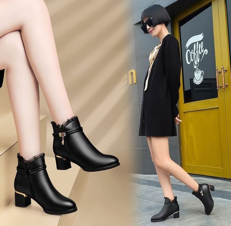 Top Layer Soft Leather Ladies Ankle Boots Fashion Thick Heel Pointed High Heel Lace Ankle Boots