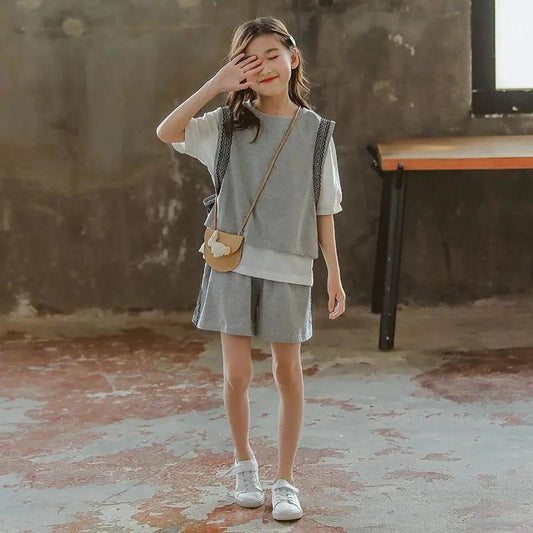 Girls' Casual Sports Suits, Summer Clothes, Big Children's Fashion, Net Red, Western Style, Loose Cotton Three Pieces