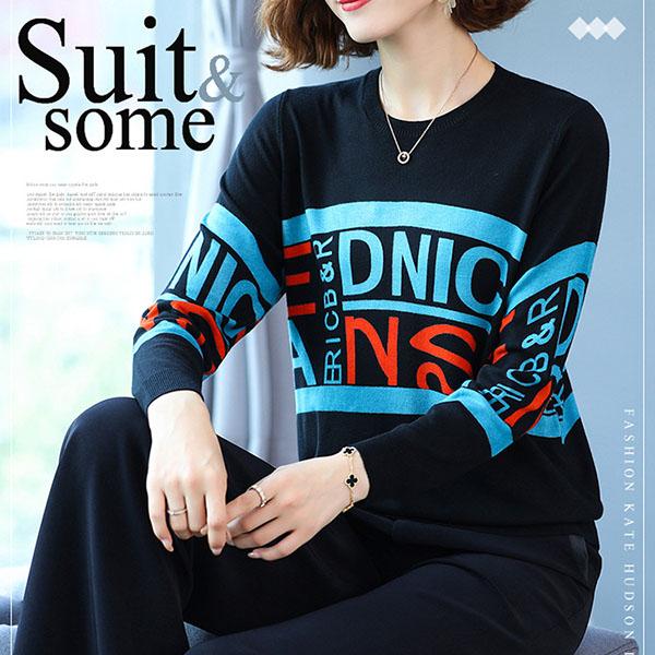 Autumn Winter Women's Printed Sweater Loose Large Size Jumper Long Sleeve Casual Round Neck Sweater Knitwear