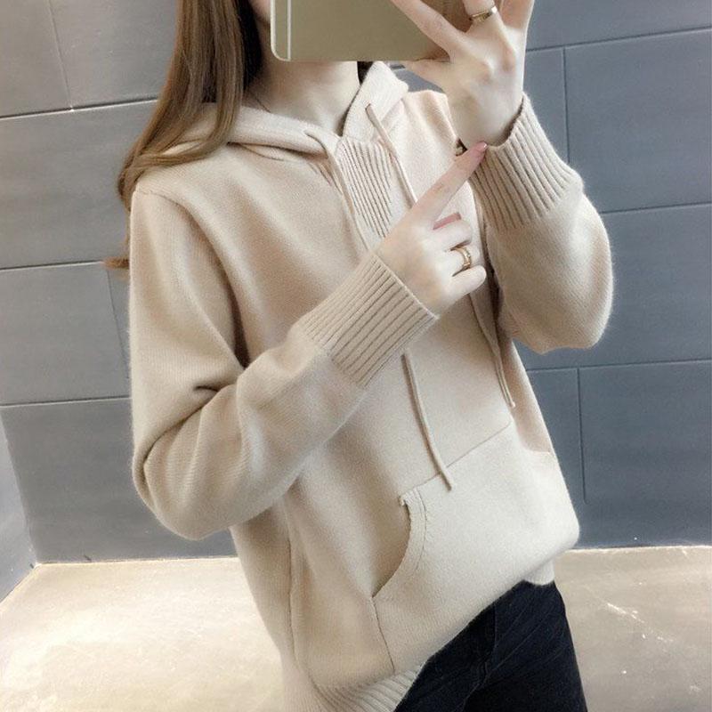 Hooded Sweater Women Loose Pullover Knit Sweater with Pockets for Outer Wear Base Knit Jumper