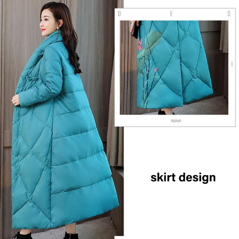 Winter Ladies Down Jacket Retro Printed Long Cotton Jacket Thicken Ethnic Wind Over-the-Knee Jacket
