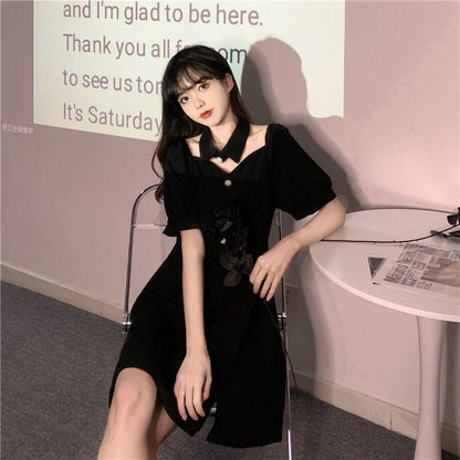 Black Sexy Dress Design Sense Niche Mid-length Split Dress Female Waist Waist Is Thinner, Black Lady A-line Version Dress Waist Waist Is Thinner