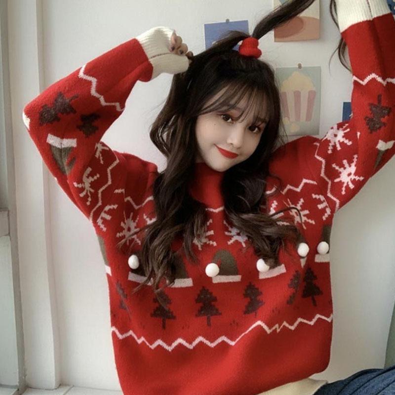 Autumn and Winter Korean Version of Loose and Lazy Christmas  Sweater Women's Round Neck Thickened Long-sleeved Sweater Top