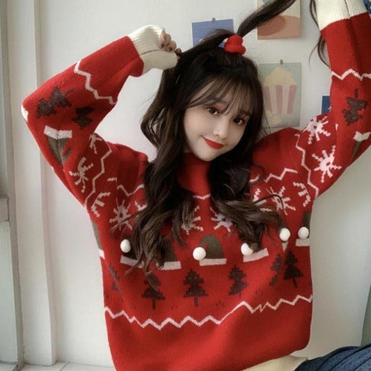 Autumn and Winter Korean Version of Loose and Lazy Christmas  Sweater Women's Round Neck Thickened Long-sleeved Sweater Top
