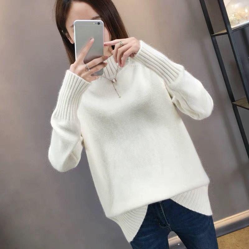 Pofulove Turtleneck Sweater Women's Pullover Loose Short Solid Color Knitted Bottoming Shirt Student