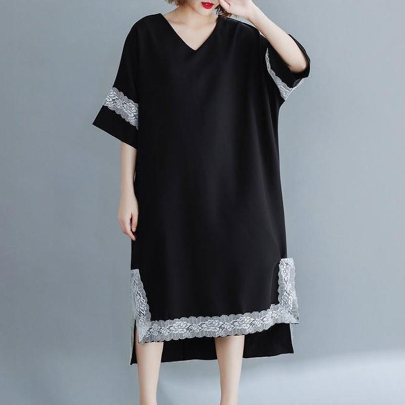WTEMPO Women's Summer Dress Black Lace Large Size XL-XXXXL Loose Long V-neck Irregular