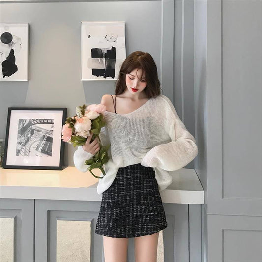 Pofulove Sleeve Retro Bottoming Shirt Winter Girl Thin Lazy Wind Loose Hollow Sweater Warm sweater