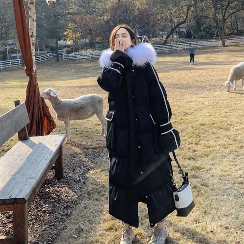 Women's Glossy Loose Down Jacket Mid-length Korean Thick Coat Warm Cotton Coat with Big Fur Collar Winter Quilted Jacket