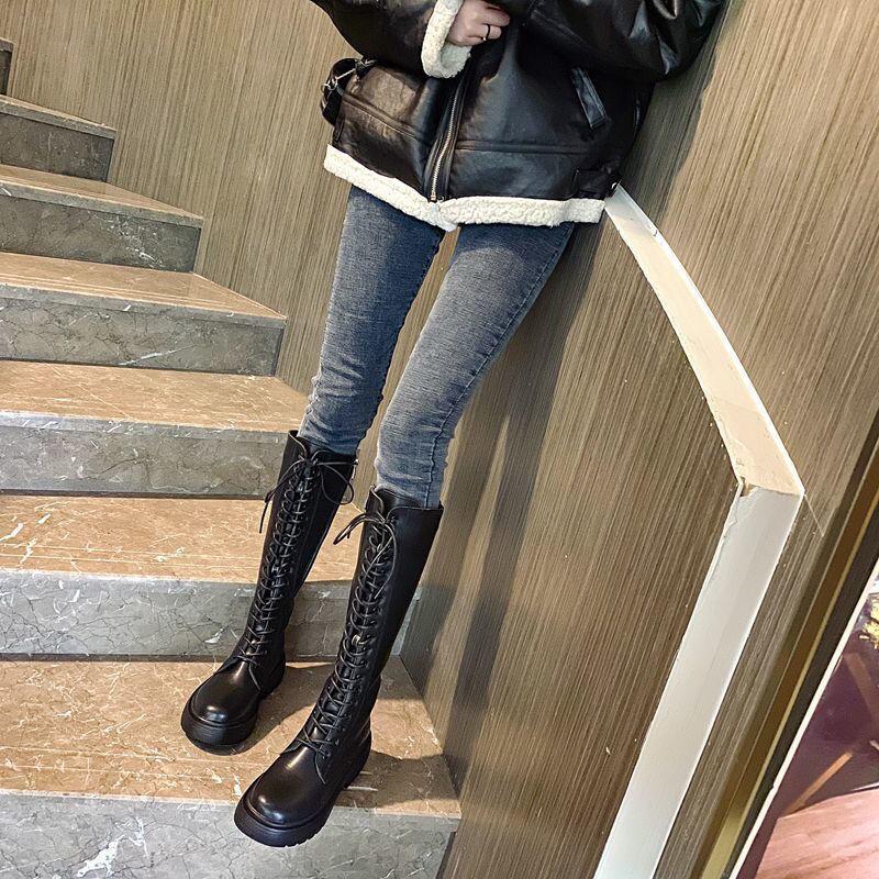 Women's British Style Lace-up Thick-soled Boots Women's Thick-heeled Martin Boots  No More Than Knee-length
