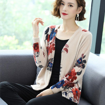 Autumn Winter Artificial Mink Cashmere Printed Knitted Cardigan Women's Short Sweater Coat Long-sleeved Loose Knitted Jacket